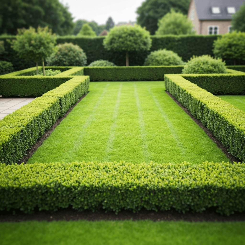 A freshly mowed lawn with neatly trimmed hedges